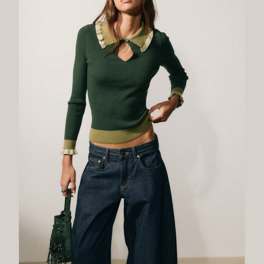Kelley / Olive Green Ribbed Knit Colorblock Ruffle Collar Keyhole Slim Top - Picture 2 of 7